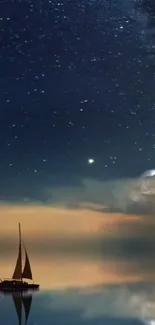 Sailboat under a starry night sky with calm ocean reflection.