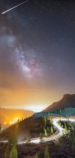 Starry night sky over a winding mountain road.