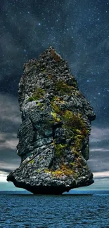 Starry night over ocean with towering rock.