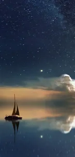 A sailboat under a starry sky reflecting on calm waters at night.