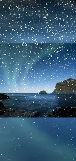 Starry night sky over ocean with celestial glow and distant mountains.