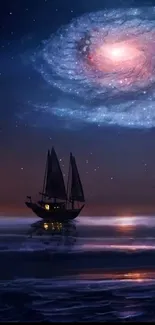 Sailing boat under galaxy swirl on a starry night.