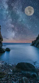 Beautiful starry ocean night between cliffs under a glowing moon.