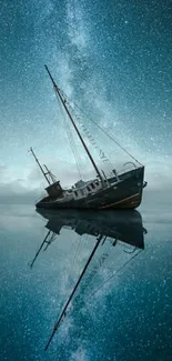 Ship reflecting under a starry night sky with tranquil waters.