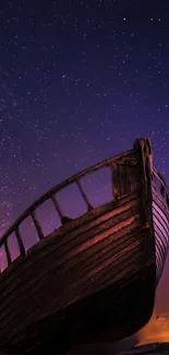 Old ship beneath a purple starry night sky, exuding serenity and timeless beauty.