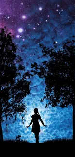 Silhouette of human and trees against a starry indigo night sky.