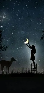 Silhouette of girl reaching for moon under starry sky with deer.