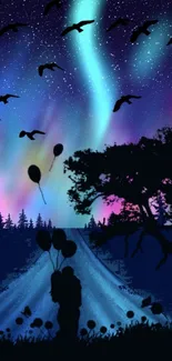 Silhouette art with a starry sky and northern lights.