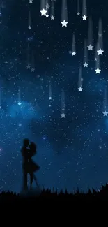 Couple silhouette under starry night sky with falling stars.