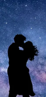 Silhouette of a couple kissing under a starry night sky with galaxy hues.