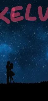 Silhouette couple under a starry night sky with dark blue tones.