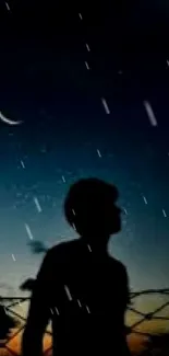 Silhouette against a starry night sky with crescent moon wallpaper.