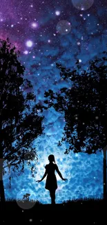 Silhouette under a starry night sky with purple and blue hues.