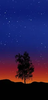 Starry night sky with silhouette tree in blue and orange gradient.