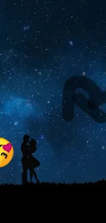 Silhouette of a couple under a starry night sky.