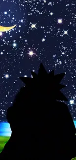 Silhouette under a starry sky with crescent moon.