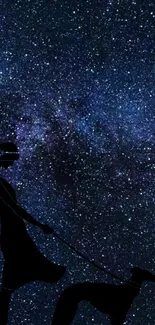 Silhouette of woman and dog against starry night sky.