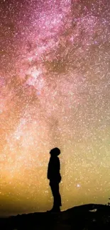 Silhouette against a colorful starry night sky.