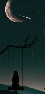 Silhouette on swing under crescent moon and shooting star.