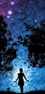 Silhouette of girl under starry night sky with trees.