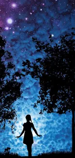 Silhouette under starry night sky wallpaper with trees.