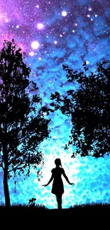 Enchanting starry night silhouette wallpaper with cosmic elements and trees.