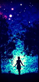 Silhouette under starry night sky with trees.