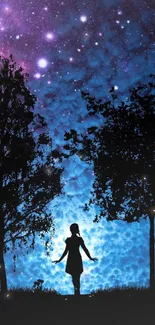 Silhouette of a girl between trees under a starry night sky.