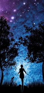 Silhouette of person beneath starry night sky and trees.