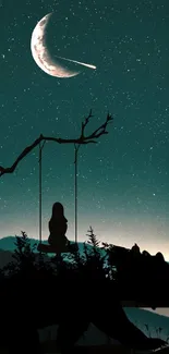 Silhouette of a girl on a swing under a starry teal night sky with a crescent moon.