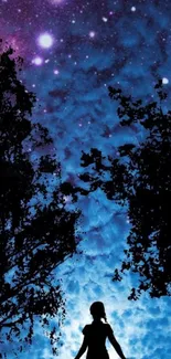 Silhouette of a person under a starry blue night sky with trees on each side.