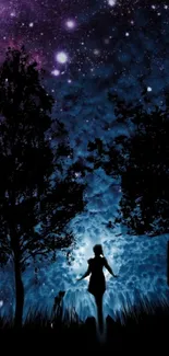 Silhouette under a starry cosmic night sky with trees.