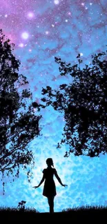 A silhouette of a girl between trees against a starry indigo sky.