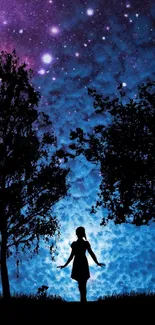 Silhouette of a girl under a starry midnight blue sky wallpaper.