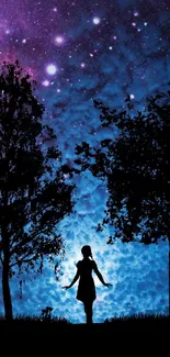 Silhouette of a girl under a starry night sky with purple and blue hues.