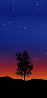 Silhouette of a tree against a starry night sky with gradient hues.