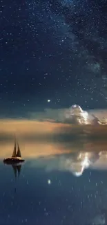 Starry night sky with a sailboat reflecting on calm waters.