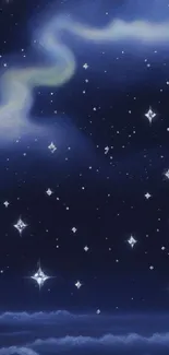 A starry night sky with clouds and stars, perfect for mobile wallpaper.