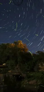 Starry night sky with swirling trails over tranquil landscape.