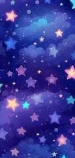 Starry night sky wallpaper with vibrant stars and blue clouds.