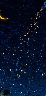 Fantasy night sky with glowing stars and crescent moon.