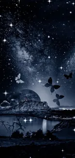 Starry night landscape with butterflies and a dark blue sky.