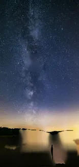 Starry night sky with Milky Way over a calm lakeside.