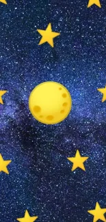 Starry night sky with yellow moon and stars wallpaper.