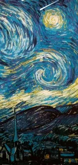 Mobile wallpaper of Starry Night with swirling blues and bright yellows.