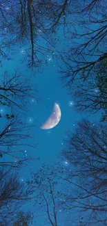 Starry night sky with the crescent moon and trees.