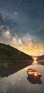 Starry night sky with Milky Way over calm lake and boat reflection.