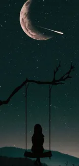 Silhouette on swing under crescent moon and stars.