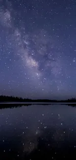 Starry night sky reflecting on a tranquil lake.