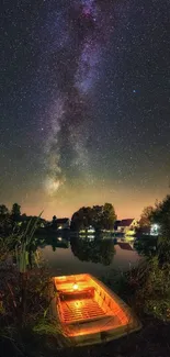 Milky Way reflecting over a serene lake at night.